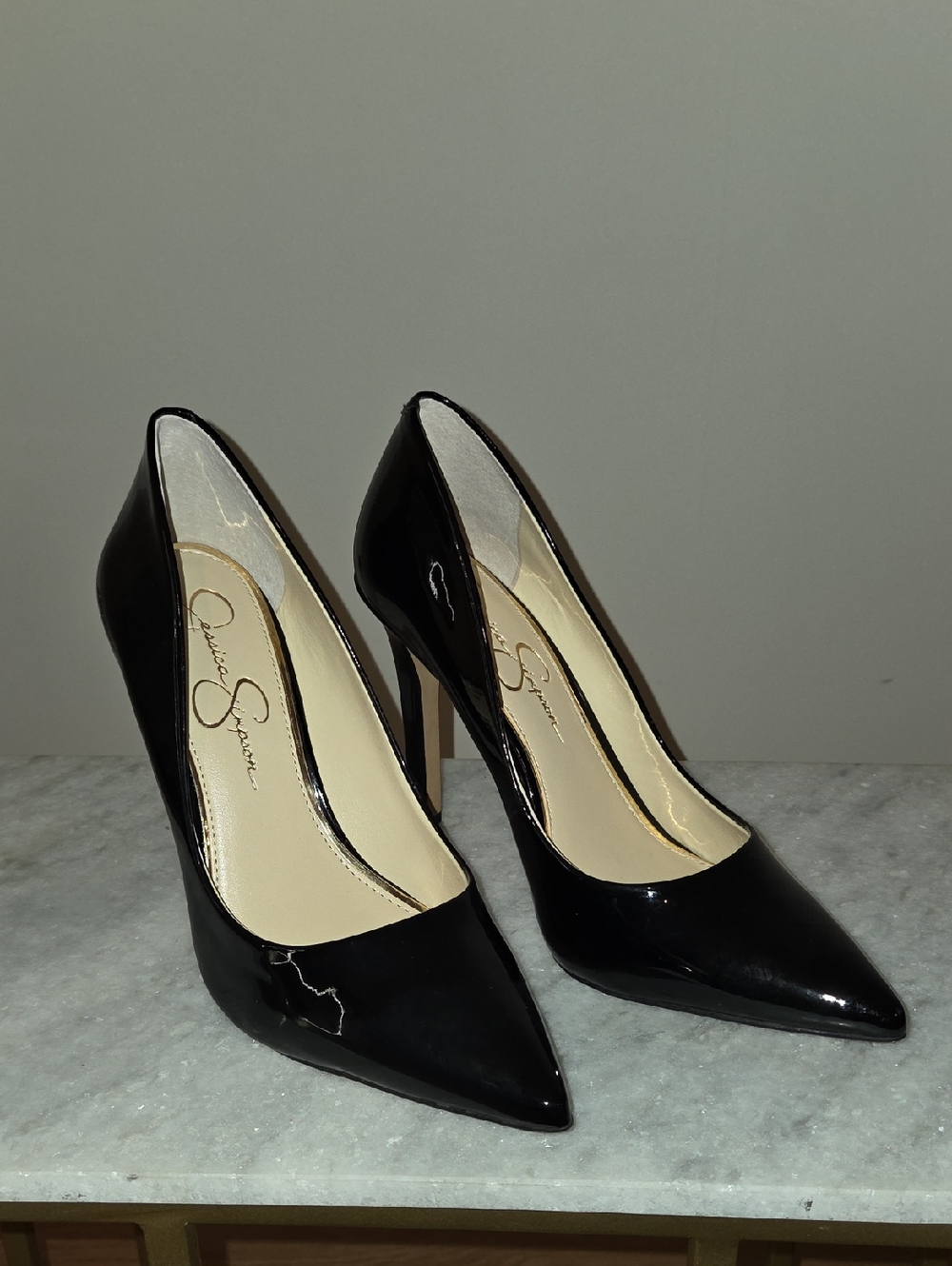 Jessica Simpson Cassani Black Patent Pointed Toe Stiletto Heels - Sz 8.5